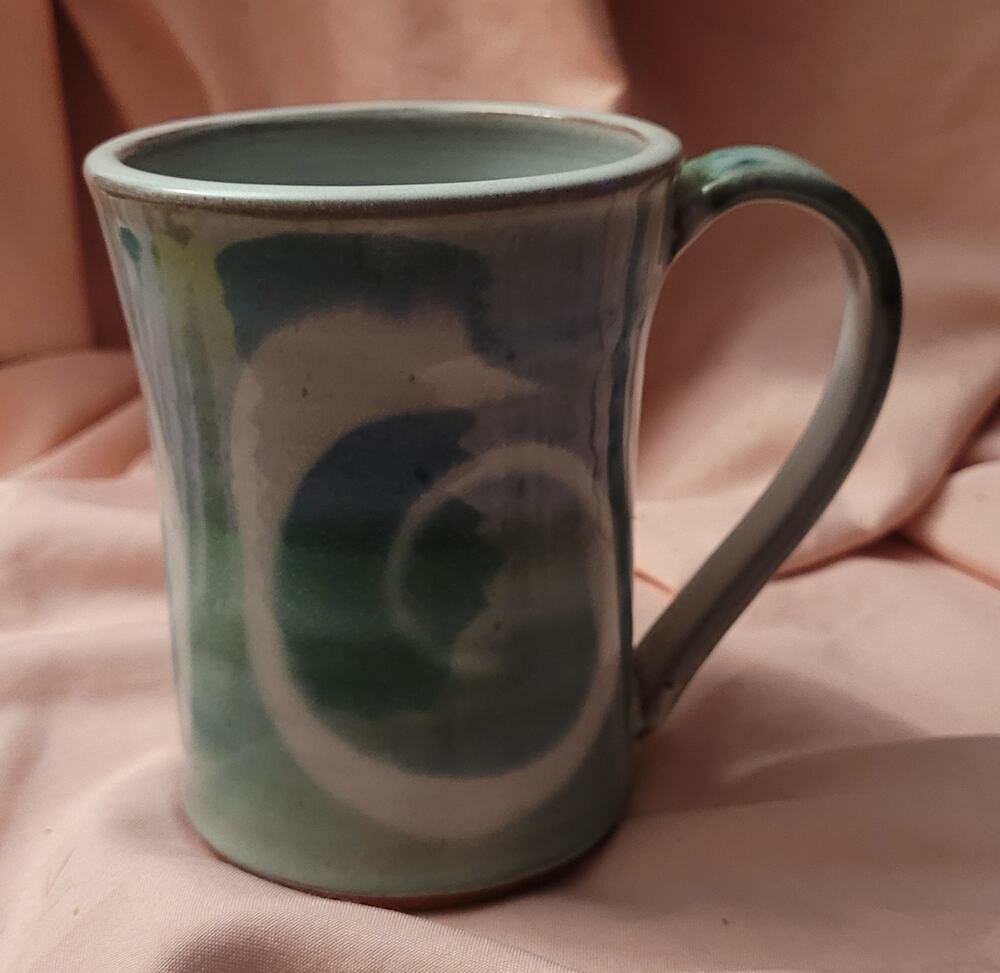 Terracotta Art Pottery Sea Green Mug with Mythical White Sea Serpent Swirl